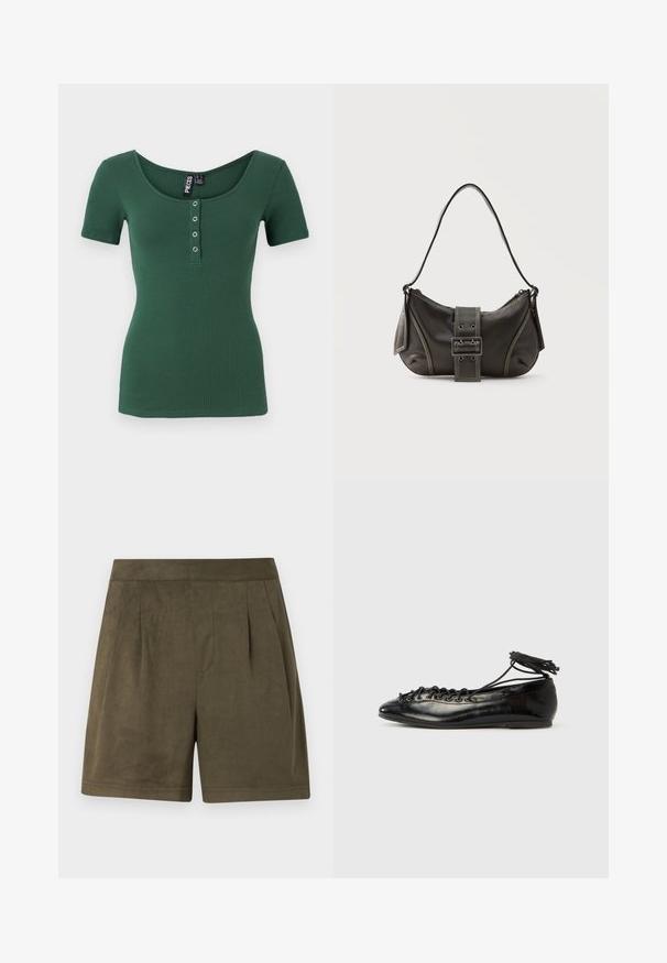 Top de manga corta acanalado en verde oscuro con escote redondo. Presenta un cierre frontal de botón con broches en tono plateado. Textura suave.; Pantalones cortos de un verde oliva oscuro hechos de un material suave, similar al ante, con un diseño plisado, corte a media longitud y una cinturilla limpia y estructurada.; Zapatos planos tipo ballet de charol negro con punta redondeada, diseño con cordones y suela plana. Textura lisa con detalles mínimos.; Bolso de hombro de cuero negro con detalle de correa con hebilla, bordes curvos y costuras blancas en contraste sobre un fondo liso.