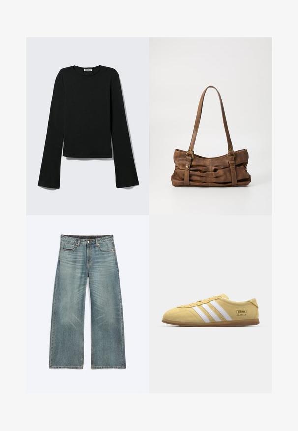 Sort langærmet rundhalset skjorte med en figursyet silhuet og let udvidede ærmer, mærket med "Weekday" brandetiketten ved halsudskæringen.; Blå vidde jeans med forlommer, bæltestropper, knaplukning og subtile falmede detaljer på lår og knæ.; adidas Originals GAZELLE LO PRO W - Sneakers - almost yellow/footwear white; Even&Odd by Zalando Håndtasker - brown