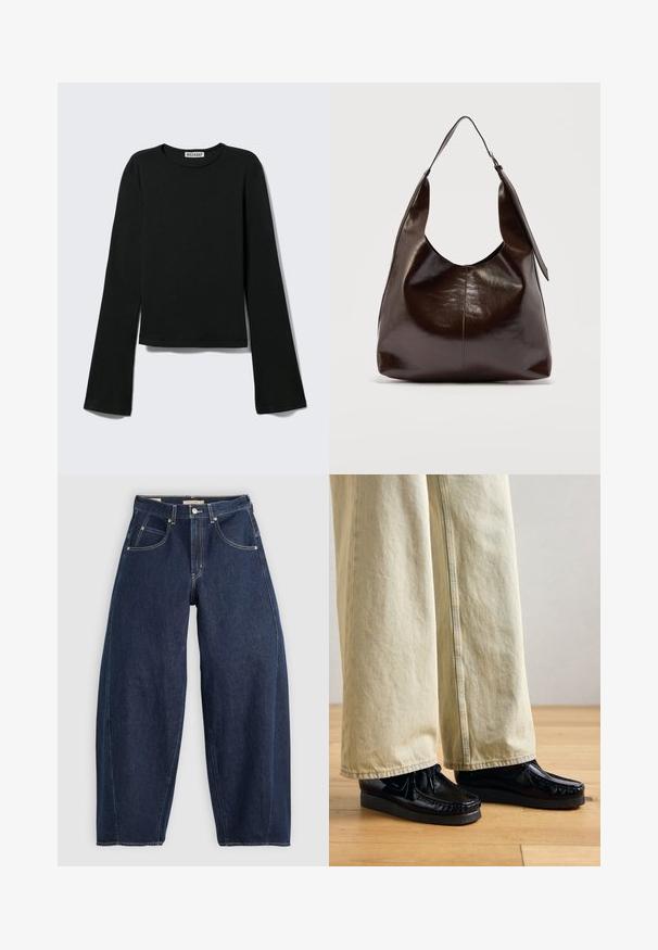 Zwart shirt met lange mouwen en ronde hals, met een aansluitende pasvorm en licht uitlopende mouwen, voorzien van een "Weekday" merklabel bij de halslijn.; Donkerblauwe denim jeans met een losse fit, lichte stiksels, vijf zakken en een knoopsluiting op de taille.; Zwarte gepatineerde leren schoenen met een gestructureerde zool, voorzien van een vetersluiting en stiksels. Draagt met lichtbeige wijde broek.; Donkerbruine glanzende leren schoudertas met een enkele brede riem en gespsdetail aan één kant, tegen een effen lichte achtergrond.