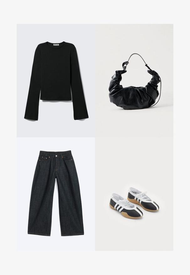 Sort langærmet rundhalset skjorte med en figursyet silhuet og let udvidede ærmer, mærket med "Weekday" brandetiketten ved halsudskæringen.; Mørkeblå vidbenede denimjeans med forlommer og bæltestropper, lagt fladt på en lys baggrund.; Sort-hvide sportsko med et slankt design, gummisål, snørebåndslukning og tre hvide striber på siden.; Sort faux læder handbag med et blødt, samlet design og et fleksibelt håndtag, der fremviser en glat tekstur og en subtil glans.
