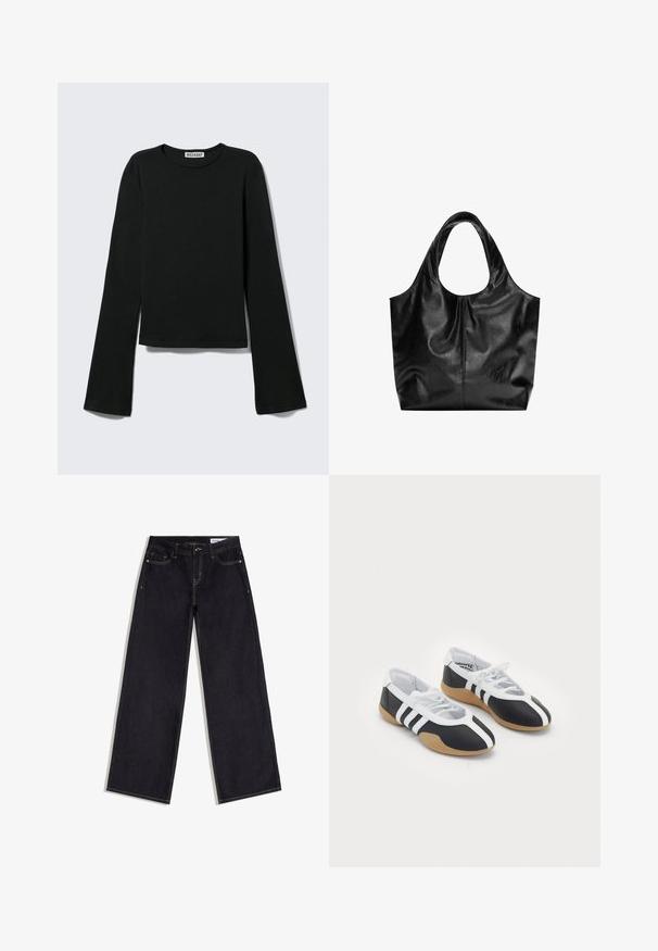 Sort langærmet rundhalset skjorte med en figursyet silhuet og let udvidede ærmer, mærket med "Weekday" brandetiketten ved halsudskæringen.; Mørkeblå jeans med vide ben, forlommer, bæltestropper og kontrastsyninger, lagt fladt på en hvid baggrund.; Sort-hvide sportsko med et slankt design, gummisål, snørebåndslukning og tre hvide striber på siden.; Sort læder tote taske med en glat overflade, en blød, afrundet top og brede håndtag. Har minimal syning og en afslappet silhuet.