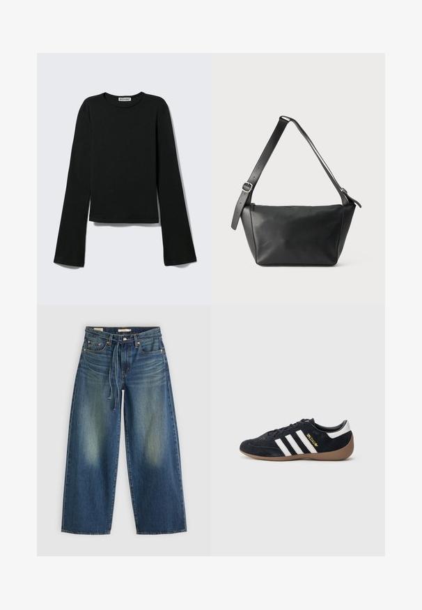 Sort langærmet rundhalset skjorte med en figursyet silhuet og let udvidede ærmer, mærket med "Weekday" brandetiketten ved halsudskæringen.; Denim brede benjeans i mørkeblå med en falmet finish, der har en snørebåndsvidde og fem lomme-design.; Sort ruskindssneaker med tre hvide striber, gummisål og et lille gyldent logo på siden. Har en glat sort foring indvendigt.; Sort læder skuldertaske med bred justerbar rem og sølvspænde, vist mod en ensfarvet lys baggrund.