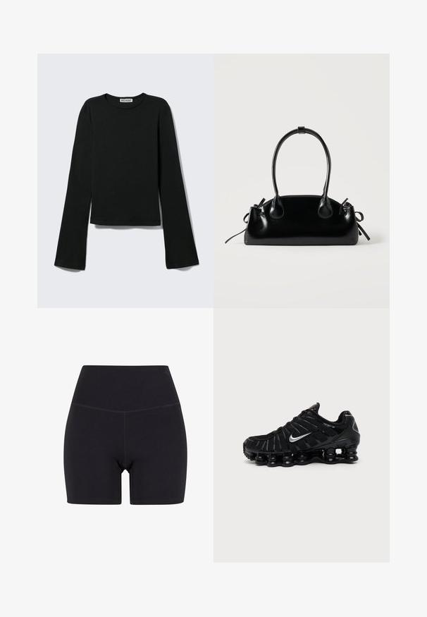 T-shirt noir à manches longues avec col rond, silhouette ajustée et manches légèrement évasées, étiqueté avec la marque "Weekday" au niveau de l'encolure.; Shorts noirs taille haute en tissu extensible. Caractéristiques : une taille élastique, une texture lisse et une longueur mi-cuisse avec un design sans couture.; Chaussure de sport Nike noire avec logo Swoosh argenté, tige en mesh et synthétique, et semelle coussinée segmentée distinctive.; Petit sac à main noir brillant avec deux longues anses et des détails à cordon sur les côtés sur un fond clair uni.