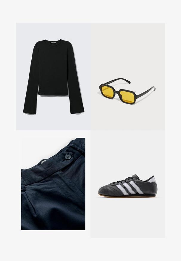 T-shirt noir à manches longues avec col rond, silhouette ajustée et manches légèrement évasées, étiqueté avec la marque "Weekday" au niveau de l'encolure.; Pantalons bleu marine en tissu léger avec une ceinture plate, fermeture à bouton et texture subtile. Comprend des poches et des détails de couture.; Baskets de sport en cuir noir avec des rayures blanches, bout rond, semelle plate et fermeture à lacets. Comprend des perforations pour la respirabilité.; Lunettes de soleil rectangulaires noires avec des verres jaunes. Les caractéristiques incluent des montures épaisses et un design anguleux avec une finition lisse et brillante.