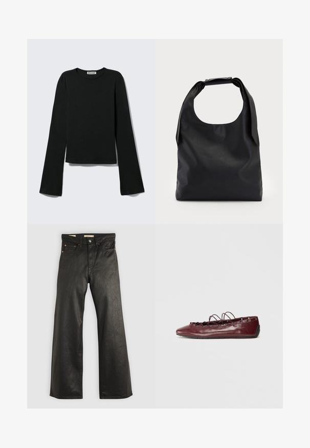 Camiseta negra de manga larga con cuello redondo, silueta ajustada y mangas ligeramente acampanadas, etiquetada con la marca "Weekday" en el cuello.; Pantalones de mezclilla anchos negros con una textura suave, que presentan cinco bolsillos y detalles en metal color cobre. Cierre clásico con botón.; Bailarina de cuero burdeos con punta afilada, detalles de encaje en la parte frontal y ojales plateados. Suela suave para flexibilidad y comodidad.; Bolso de mano de cuero negro con una gran abertura superior y una sola correa para el hombro. Textura suave, diseño minimalista, con detalles sutiles de herrajes.