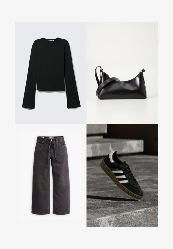 T-shirt noir à manches longues avec col rond, silhouette ajustée et manches légèrement évasées, étiqueté avec la marque "Weekday" au niveau de l'encolure.; Jeans larges noirs en jean, dotés d'une taille à cordon de serrage, de cinq poches et de détails de couture contrastés. Design à l'avant plat.; Baskets Adidas noires avec des bandes blanches et une semelle en gomme flottant au-dessus d'escaliers en béton gris sous une lumière naturelle.; Sac à main en cuir noir avec une texture lisse. Dispose d'une bandoulière adjustable et d'un design élégant et minimaliste avec une fermeture éclair.
