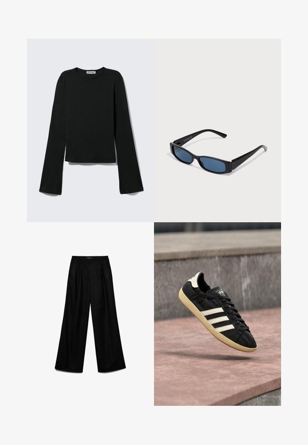 Camiseta negra de manga larga con cuello redondo, silueta ajustada y mangas ligeramente acampanadas, etiquetada con la marca "Weekday" en el cuello.; Pantalones anchos negros con pliegues delanteros y bolsillos laterales, de talle alto con cinturilla lisa y cierre oculto.; Zapatilla negra Adidas con rayas blancas y suela beige, capturada en el aire sobre una superficie de piedra y con fondo de muro de piedra.; Gafas de sol negras con una elegante montura rectangular y lentes azules. Presentan una textura suave y varillas resistentes. Logo de la marca en el costado.