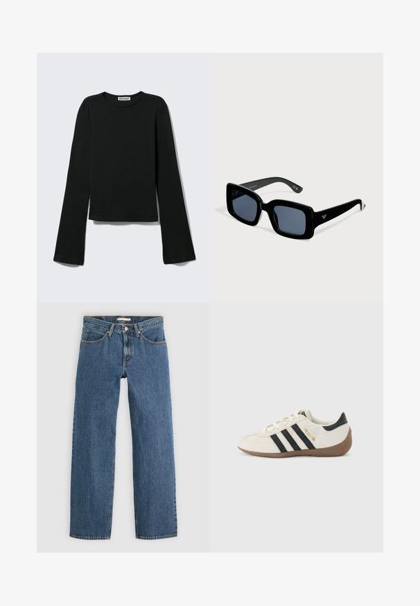 Sort langærmet rundhalset skjorte med en figursyet silhuet og let udvidede ærmer, mærket med "Weekday" brandetiketten ved halsudskæringen.; Blå denim jeans med lige pasform, der har fem lommer, knaplukning og kontrastsyninger langs sømmene.; Hvid Adidas-sneaker med sorte striber, brun tekstureret sål og "SPEZIAL" i guldbogstaver på siden, set fra ydersiden.; Sorte solbriller med firkantet stel, mørke linser og en lille logo på stangen, vist på en ensartet lys baggrund.