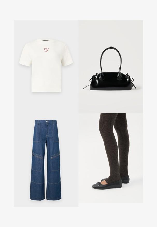 T-shirt blanc à manches courtes avec col rond, avec un petit cœur rouge en contour centré près de l'encolure.; Pantalon en denim bleu à jambes larges avec taille haute, poches plaquées à l'avant et poches zippées aux genoux, présenté sur un fond uni.; Jambes portant des leggings côtelés foncés associés à des ballerines noires avec de petits détails en nœud sur fond blanc.; Petit sac à main noir brillant avec deux longues anses et des détails à cordon sur les côtés sur un fond clair uni.