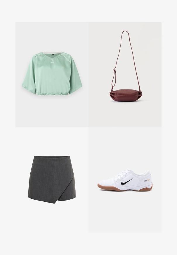 Top de sport court vert menthe avec manches courtes larges, taille élastique, liseré blanc aux épaules et petit logo Nike blanc au centre devant.; Jupe courte grise avec un design croisé, en tissu lisse et texturé. Coupe ajustée avec un ourlet angulé et des bords nets.; Chaussure de football en salle Nike Total 90 III blanche avec logo swoosh noir et semelle en gomme, vue de profil sur un fond uni.; Petit sac bandoulière en cuir grenat avec une fine sangle réglable, présenté à plat sur un fond blanc.