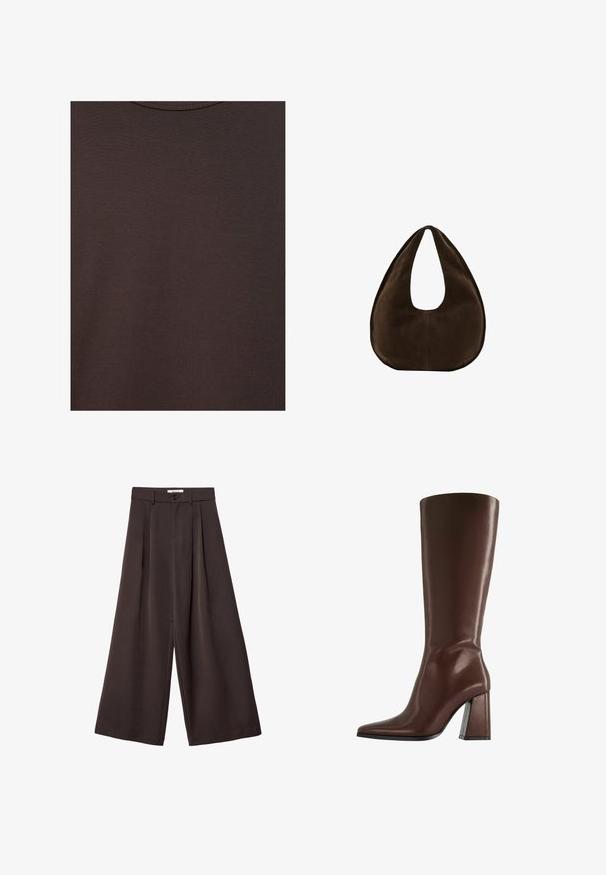 T-shirt col rond marron foncé en tissu tricoté doux avec une fine texture côtelée.; Pantalon à jambes larges en tissu brun foncé, avec des plis, une fermeture par bouton, et une texture lisse ; longueur cheville avec une coupe ajustée.; Botte en cuir marron montant jusqu'au genou, avec bout pointu et talon épais de hauteur moyenne, vue de profil sur fond blanc.; Sac à main en daim marron foncé en forme de croissant avec une seule sangle large et une texture lisse sur fond blanc.