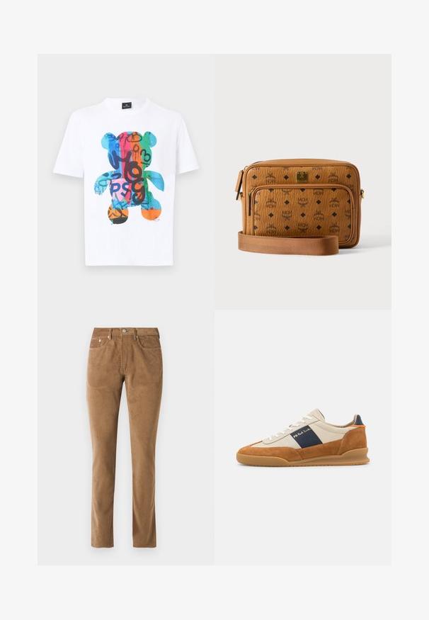 Hvid T-shirt med korte ærmer og stort farverigt graffiti-inspireret motiv af en teddybjørn på forsiden, med nuancer af blå, rød, grøn og orange.; Brune corduroy bukser med en skræddersyet pasform, der har fem lommer, en knaplukning og syet detaljer langs sømmene.; PS Paul Smith DOVER - Sneakers - cognac/off-white; Tan læder crossover taske med sorte MCM logoer, front lynlåslomme, guldfarvet plade og justerbar stofrem på hvid baggrund.