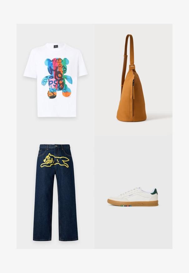 Hvid T-shirt med korte ærmer og stort farverigt graffiti-inspireret motiv af en teddybjørn på forsiden, med nuancer af blå, rød, grøn og orange.; Mørkeblå denim jeans med et stort gult grafisk motiv af en springende karakter på baglommen. Lige ben design med standard syninger.; Hvide lædersneakers med perfereret design, gummisul, grøn hælaccent og farverig stribe detalje på siden.; Tan læder crossbodytaske med justerbar rem og lodret lynlåslomme, vist fra siden mod en ensfarvet lys baggrund.