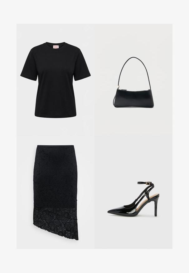 Schwarzes T-Shirt mit kurzen Ärmeln und Rundhalsausschnitt, auf hellem grauem Hintergrund von vorne dargestellt.; Schwarzer Rock mit strukturiertem Paisleymuster, asymmetrischem Saum und Spitzeneinsatz am unteren Rand. Hergestellt aus einem weichen, dehnbaren Stoff.; Schwarze Patentleder-High-Heel-Slingback-Pumps mit spitzem Zeh, verstellbarem Knöchelriemen und offenen Seiten. Glatte Textur.; Schwarze rechteckige Handtasche mit dünnem Riemen und Reißverschluss, vor einem schlichten weißen Hintergrund.