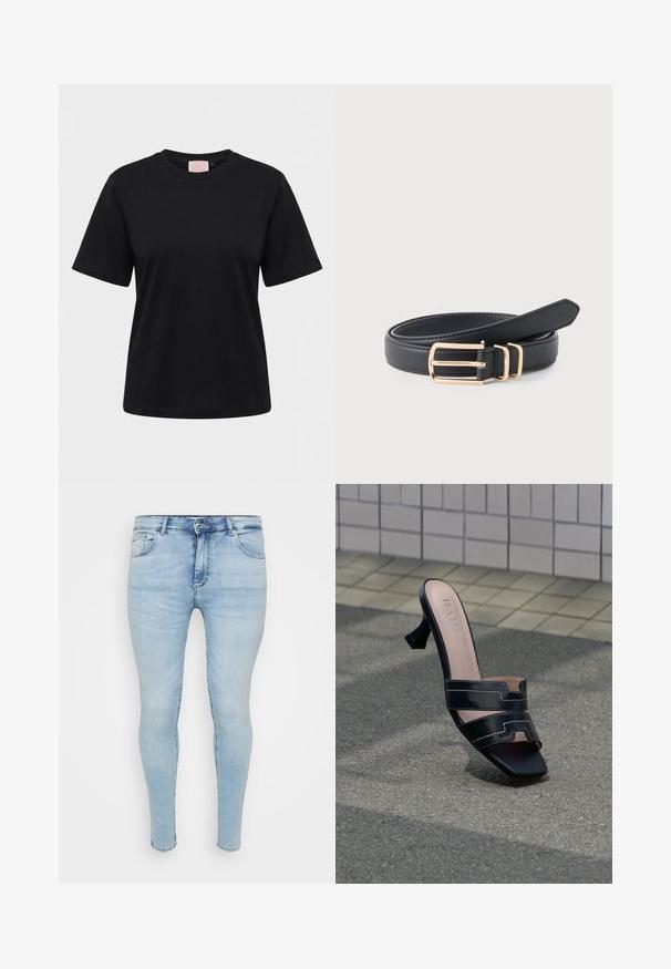 Sort T-shirt med korte ærmer og rund hals, vist forfra på en ensartet lys grå baggrund.; Lyseblå skinny jeans med et klassisk fem-lomme design, knap- og lynlåslukning samt slidt tekstur på stoffet.; Sort åben tå højhælede mule med dobbelt strop og firkantet tå på tekstureret fortov mod baggrund af flisevæg.; Sort læderbælte snoet med et gyldent rektangulært spænde og to matchende gyldne bæltestropper på en lys baggrund.