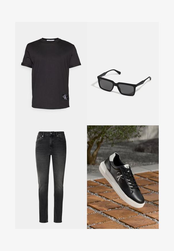 Schwarzes Baumwoll-T-Shirt mit kurzen Ärmeln, Rundhalsausschnitt und einem kleinen Calvin Klein Jeans-Label auf der unteren linken Seite. Glatte Textur.; Schwarze Jeans aus Denim, mit geradem Schnitt, fünf Taschen und Knopfverschluss. Leichte Ausbleichungen verleihen dem Stoff Textur.; Schwarze Leder-Sneaker mit weißer Gummisohle, featuring Schnürdesign und Logodetail an der Seite. Der Hintergrund umfasst Stein- und Holztexturen.; Schwarze Sonnenbrille mit rechteckigen Gläsern, mattem Finish, dickem Rahmen und schlanken Bügeln mit dezentem Branding-Detail.