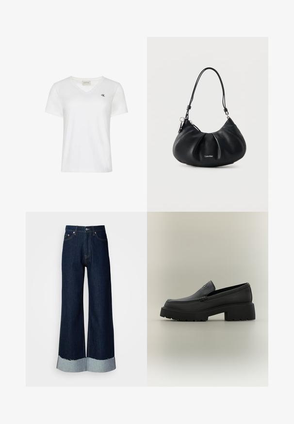 T-shirt en coton blanc avec un col en V, des manches courtes et un petit logo sombre sur le côté gauche de la poitrine. Texture douce.; Jean en denim foncé à jambe large avec un ourlet effiloché en denim clair. Présente un style classique à cinq poches et des accessoires en métal à la taille.; Mocassin en cuir noir avec semelle épaisse, talon bloc et petit logo métallique sur la tige, présenté de profil sur un fond neutre.; Sac bandoulière en cuir granuleux noir avec devant froncé, sangle ajustable, fermeture éclair argentée et petit logo Calvin Klein centré sur le devant.