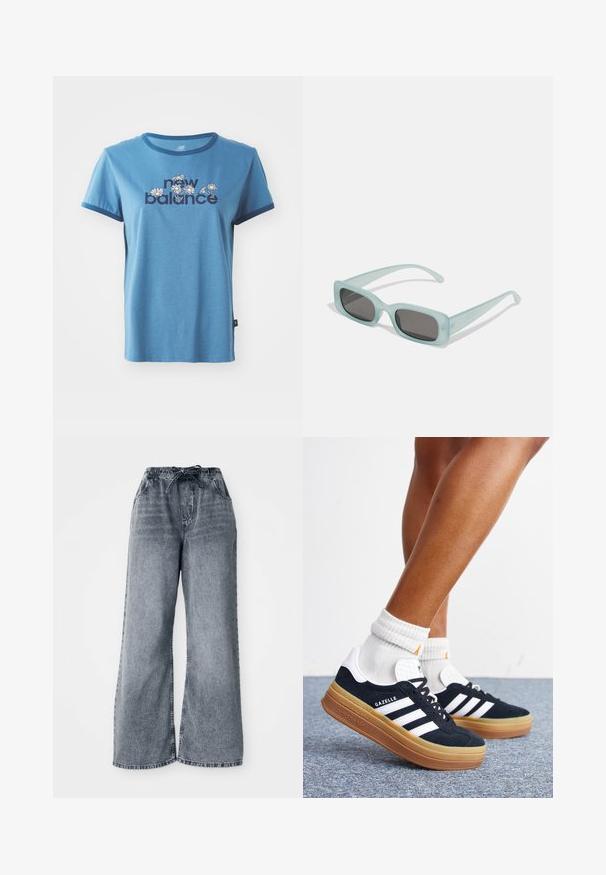 Blauwe katoenen t-shirt met korte mouwen, marineblauwe afwerking, met "new balance" tekst en bloemenontwerpen in het wit en geel op de voorkant.; Grijze wijde denim broek met een elastische tailleband, trekkoordsluiting en zijzakken. Vervaagde textuur over de stof.; Ben met witte sokken en zwarte Adidas Gazelle sneakers met witte strepen en dikke bruine zolen op een grijs tapijt.; Een paar rechthoekige zonnebrillen met lichtblauwe doorzichtige monturen en donkergrijze glazen, met rechte pootjes en minimale hardwaredetails.