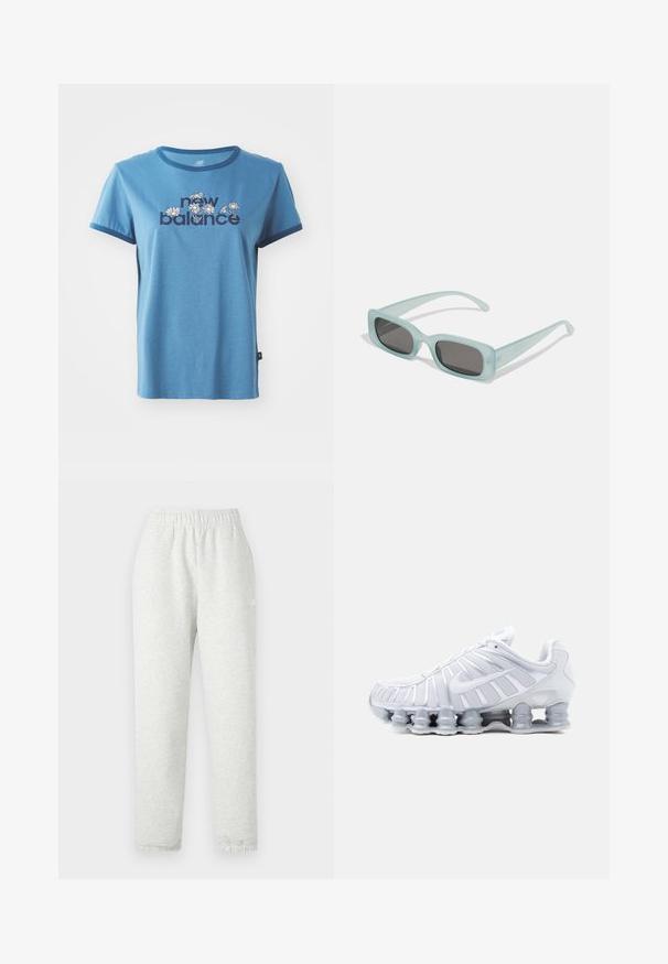 Blå bomulds t-shirt med korte ærmer, marineblå kant, med "new balance" tekst og blomsterdesign i hvid og gul på forsiden.; Lys grå sweatpants med elastisk talje, tapered ben og ribbede manchetter. Fremstillet af et blødt, tekstureret stof. Hvid logo detalje på siden.; Hvid atletisk sneaker med mesh-overdel, lagdelte paneler, Nike swoosh og en karakteristisk fjedrende segmenteret sål for polstring og støtte.; Et par rektangulære solbriller med lyseblå gennemsigtige stel og mørkegrå linser, der har lige templer og minimale hardware detaljer.
