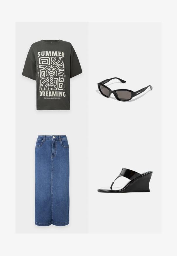 Donkergrijze oversized t-shirt met een groot wit grafisch ontwerp met abstracte patronen en de tekst "SUMMER DREAMING" in vette letters.; Denim maxi rok in donkerblauw, met een rechte snit, een tailleband met knoopsluiting en minimale stikdetails.; Zwarte lakleren sleehaksandaal met teenriem en vierkante neus, strak modern design gezien van de zijkant op een witte achtergrond.; Zwarte zonnebril met een rechthoekig frame, donkere lenzen, gladde plastic materiaal en een metalen accent op de poot.