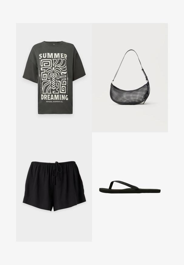 Donkergrijze oversized t-shirt met een groot wit grafisch ontwerp met abstracte patronen en de tekst "SUMMER DREAMING" in vette letters.; Zwarte losse korte broek met elastische tailleband en trekkoord, plat liggend weergegeven op een lichtgrijze achtergrond.; Zwarte flip-flops met een gestructureerde band en platte zool. De band heeft een subtiele glans. Eenvoudig ontwerp, lichtgewicht en flexibele vorm.; Kleine zwarte mesh schoudertas in halve maanvorm met verstelbare dunne band, tegen een effen lichte achtergrond.
