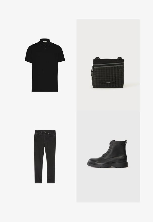 Schwarzes Polo mit kurzen Ärmeln, zwei Knöpfen und einem Kragen, mit kleinem Logo auf der Brust.; Schwarze Denim-Jeans mit schmaler Passform, ausgestattet mit vier Taschen, einem Metallknopfverschluss und leichten Used-Details. Glatte Textur und klassisches Design.; Schwarze Knöchelstiefel aus strukturiertem Leder mit runder Spitze, Schnürdesign und einer robusten schwarzen Gummisohle. Verfügt über eine Schlaufe an der Ferse.; Schwarze und graue Calvin Klein Umhängetasche mit Karomuster, Frontreißverschlusstasche und verstellbarem Riemen vor weißem Hintergrund.