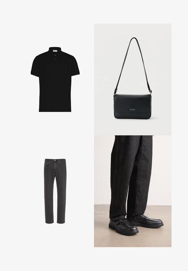 Polo negro de manga corta con dos botones y cuello, con un pequeño logo en el pecho.; Vaqueros negros de corte recto con cierre delantero de botón y cremallera, bolsillos delanteros y traseros, mostrados sobre fondo blanco.; Zapatos de cuero negro con acabado texturizado, que cuentan con un diseño de costura elevada y suela de goma resistente, combinados con pantalones de mezclilla oscuros.; Bolso bandolera de cuero negro con textura suave, forma rectangular y cierre de solapa. Cuenta con logo de la marca y correa ajustable.