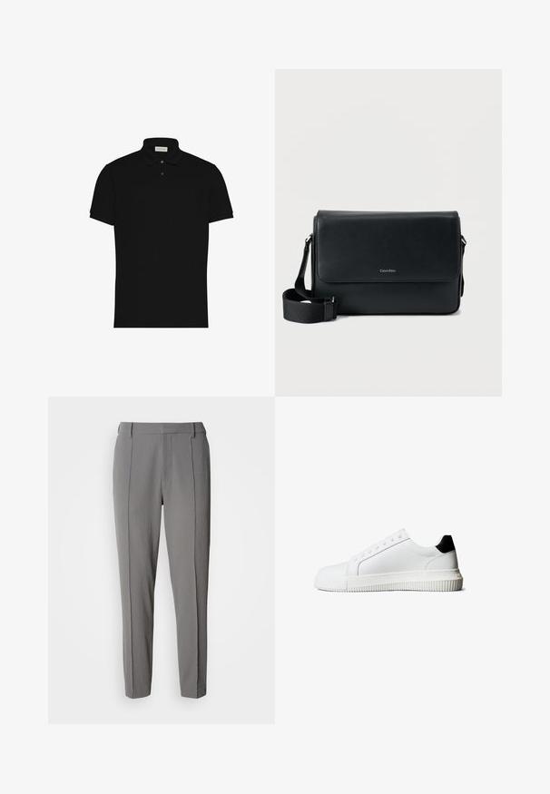 Polo noir à manches courtes avec deux boutons et un col, avec un petit logo sur la poitrine.; Calvin Klein PULL ON - Pantalon classique - pewter; Baskets en cuir blanc avec un accent noir au talon, équipées de lacets plats, d'un bout arrondi et d'une semelle en caoutchouc rainurée pour une meilleure adhérence.; Sac messager en cuir noir à surface texturée, avec une bandoulière ajustable et un rabat avant affichant un logo discret. Forme compacte et rectangulaire.