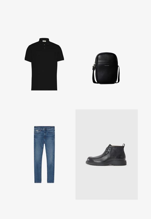 Polo negro de manga corta con dos botones y cuello, con un pequeño logo en el pecho.; Vaqueros de mezclilla azul con corte ajustado, cinco bolsillos, cierre con botones y sutiles desgastes en los muslos y las rodillas.; Botas de cuero negras hasta el tobillo con punta redondeada, diseño con cordones y una lengüeta en la parte trasera. Parte superior texturizada y suela de goma.; Bolso compacto cruzado de cuero negro texturizado con costuras frontales y logo "Calvin Klein", con una correa de hombro ajustable.