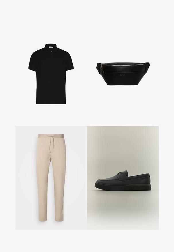 Polo negro de manga corta con dos botones y cuello, con un pequeño logo en el pecho.; Pantalones beige con cintura elástica y cordón. Presentan un diseño de pierna recta, hechos de una tela suave.; Mocasín casual negro de cuero con detalles de cordones y suela gruesa de goma, visto de lado sobre un fondo neutro.; Riñonera de cuero negro Calvin Klein con cremallera plateada y correa ajustable, logo minimalista en el centro del frente.