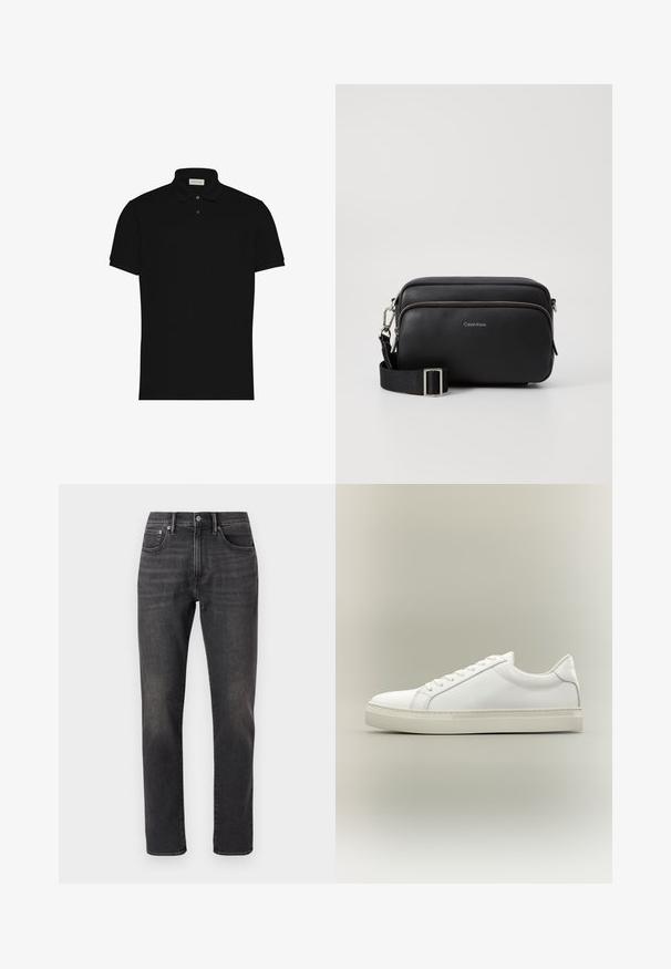 Zwart polohemd met korte mouwen, twee knopen en een kraag, met een klein logo op de borst.; Zwarte denim jeans met een recht model, voorzien van voorzakken, een knoopsluiting en subtiele vervaging op de stof.; Witte lage sneaker met veters aan de voorkant en dikke zool, zijaanzicht tegen een neutrale achtergrond.; Zwarte leren schoudertas met twee ritscompartimenten, gestructureerd afwerking, verstelbare schouderband en zilveren hardware-accenten. Calvin Klein-logo zichtbaar.