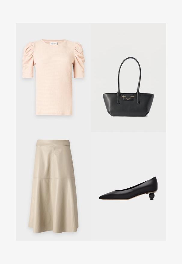 Lyserød bluse med korte ærmer og puffede skuldre, tekstureret stof og rund halsudskæring. Mærket lyder "ANNA FIELD."; Beige high-waist A-line lædernederdel med synlige sømdetaljer henover midten og tæt ved linningen.; Sort spids tå lavhælet sko med en unik rund skulptureret hæl og glat læderoverdel, vist fra siden på en hvid baggrund.; Sort rektangulær håndtaske med lange håndtag, gulddetaljer og et lille forreste mærke på en ensartet lys baggrund.