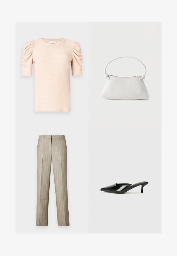 Lyserød bluse med korte ærmer og puffede skuldre, tekstureret stof og rund halsudskæring. Mærket lyder "ANNA FIELD."; Beige bukser med nålestriber og et lige ben-design, der har en struktureret linning og en subtil tekstur i hele stoffet.; Sorte patenterede lædermules med spids tå, lav kittenheel og buede sider, der har en glansfuld finish og minimalistisk design.; Hvid fletlæderhåndtaske med afrundet håndtag og ender på remmen, der er knyttet, vist mod en ensfarvet baggrund.