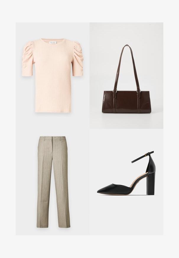 Lichtroze blouse met korte mouwen en opgeblazen schouders, textuureffect, en een ronde halslijn. Label met de tekst "ANNA FIELD."; Beige pantalon met krijtstrepen en een rechte pijp, voorzien van een gestructureerde tailleband en een subtiele textuur in de stof.; Zwarte leren hoge hak schoenen met een enkelbandje, spitse neus en een vierkante chunky hak. Gladde textuur met een minimalistisch ontwerp.; Bruine lakleren handtas met een rechthoekige vorm, twee lange handvatten en subtiele gebogen accenten aan de voorkant.