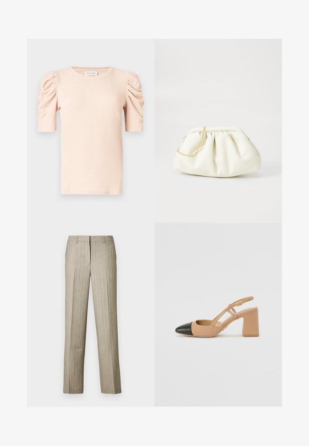 Lyserød bluse med korte ærmer og puffede skuldre, tekstureret stof og rund halsudskæring. Mærket lyder "ANNA FIELD."; Beige bukser med nålestriber og et lige ben-design, der har en struktureret linning og en subtil tekstur i hele stoffet.; Beige slingback sko med en sort spids tå, en firkantet høj hæl og to remdetaljer, fremstillet af et glat materiale.; Hvid læderhåndtaske med en samlede design, forsynet med en guldkæde-strop og en rund form. Glat tekstur med bløde folder og ingen mønstre.