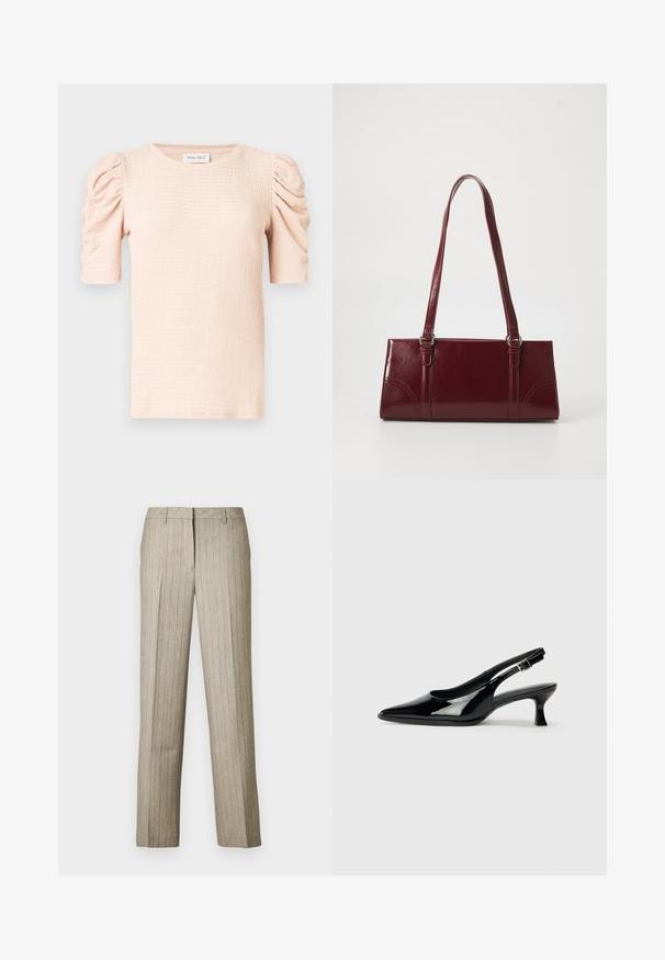 Blusa de manga corta color rosa claro con hombros abullonados, tela texturizada y escote redondo. La etiqueta dice "ANNA FIELD".; Pantalones beige con rayas finas, diseño de pierna recta, cintura estructurada y textura sutil en toda la tela.; Zapatos de charol negro tipo slingback con punta afilada y tacón bajo. Correa ajustable con hebilla en el tobillo.; Bolso burdeos hecho de material brillante, de forma rectangular, con dos asas para el hombro y sutiles acentos curvados en la parte frontal.