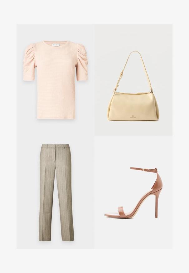 Blouse rose clair à manches courtes avec épaules bouffantes, tissu texturé et encolure ronde. L'étiquette indique "ANNA FIELD".; Pantalon beige à fines rayures avec une coupe droite, doté d'une ceinture structurée et d'une texture subtile sur l'ensemble du tissu.; Sandales à talons en cuir verni nude avec une fine bride à la cheville, design à bout ouvert et talon aiguille. Texture lisse et style minimaliste.; Sac bandoulière rectangulaire beige avec sangle réglable et fermeture éclair, comportant un petit logo "Anna Field" au centre avant.