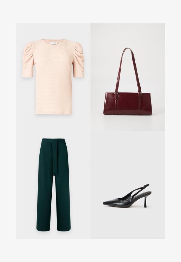 Blouse rose clair à manches courtes avec épaules bouffantes, tissu texturé et encolure ronde. L'étiquette indique "ANNA FIELD".; Pantalon vert à coupe large, avec passants de ceinture, ceinture en tissu nouée et texture lisse ; présente une taille haute et aucun motif visible.; Chaussure à talon haut en cuir noir, à bride arrière, avec un bout pointu et un talon fin sur fond blanc.; Sac à main bordeaux en matériau brillant, de forme rectangulaire, avec deux anses et des accents légèrement courbés à l'avant.