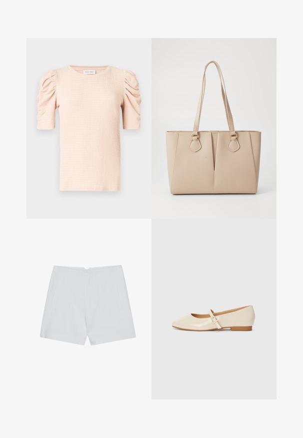 Lyserød bluse med korte ærmer og puffede skuldre, tekstureret stof og rund halsudskæring. Mærket lyder "ANNA FIELD."; Hvide shorts med et skræddersyet design, flad front, to sidelommer og en ren kant. Fremstillet af et glat stof uden synlige mønstre.; Beige patentlæder balletflade med firkantet tå, lille hæl og justerbar ankelrem med guldspænde accent.; Beige tote taske lavet af tekstureret kunstlæder, med dobbelte håndtag og guldfarvede hardware accenter. Designet inkluderer en delt frontdetalje.