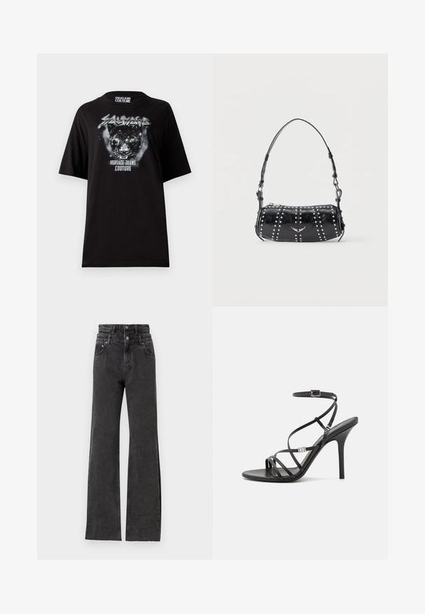 Sort oversized t-shirt lavet af bomuld, med et grafisk motiv af en panther og teksten "Sauvage Versace Jeans Couture" på fronten.; Sorte højtaljede jeans har en lige ben-design, subtile slidte detaljer og metalknap hardware i taljen.; Sort højhælet sandal med tynde stropper, en ankelspænde, en glat læderoverflade og en slank stilethæl.; Sort skuldertaske i laklæder med sølvnitter i lodrette rækker og et lille sølvfugleemblem midt på fronten.
