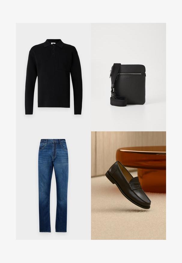 Zwart poloshirt met lange mouwen gemaakt van zacht materiaal, voorzien van een kraag, een drieknopsbies en een klein borstzakje.; Blauwe rechte denim jeans met vijf zakken, riemlussen en knoopsluiting, weergegeven tegen een witte achtergrond.; Zwarte leren loaferschoen zwevend boven een beige tapijt met amberkleurige moderne meubels op de achtergrond.; Zwarte leren schoudertas met een gestructureerd oppervlak, een ritsvak aan de voorkant en een verstelbare stoffen schouderband. Eenvoudig vierkant ontwerp.