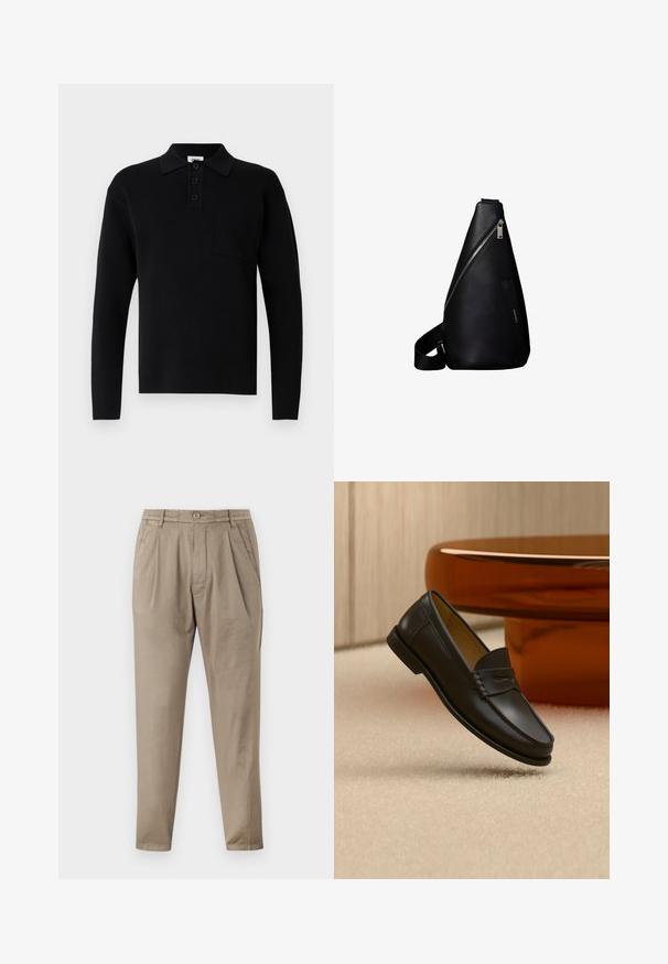 Polo noir à manches longues en matière douce, avec col, patte à trois boutons et petite poche poitrine.; Pantalons beige en tissu doux, dotés d'une coupe décontractée, d'un devant plissé, d'une taille élastique et de jambes fuselées.; Chaussure mocassin en cuir noir suspendue au-dessus d’un tapis beige avec du mobilier moderne couleur ambre en arrière-plan.; Sac à dos à bandoulière en cuir noir avec fermeture éclair diagonale argentée et sangle réglable, design minimaliste et texture lisse.