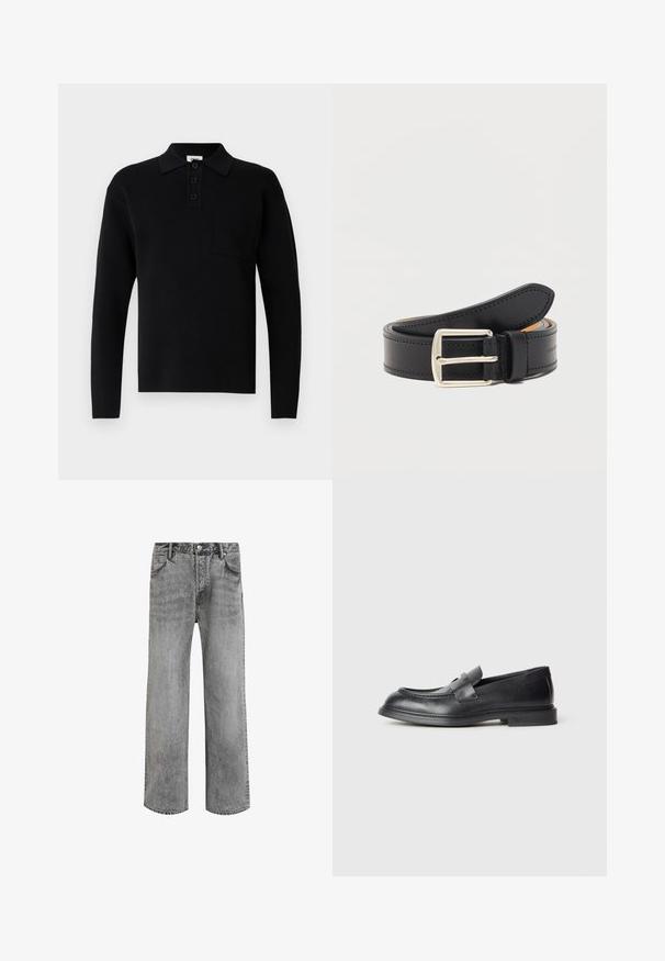Sort langærmet poloshirt lavet af blødt materiale, med krave, tre-knaps lukning og en lille brystlomme.; Grå denimjeans med lige ben, høj talje, fem lommer og en falmet tekstur. Har lynlås med knap og bælteløkker.; Sorte læder loafers med en struktureret finish, der har en dekorativ frontrem og en rundet tå. Gummisål for holdbarhed.; Sort læderbælte med sølv rektangulært spænde, rullet sammen med synlige syninger langs kanterne på en ensfarvet hvid baggrund.