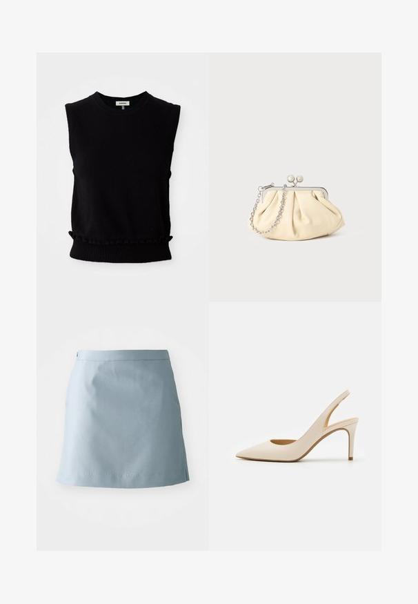 Pull noir sans manches en tricot doux. Doté d'un col rond et d'un ourlet inférieur froncé avec une bordure côtelée. Design simple et moderne.; Jupe bleu clair en tissu lisse, à coupe droite, avec une taille fine et des détails de couture minimaux à l'ourlet.; Escarpin slingback en cuir beige avec un bout pointu et un talon haut fin. Présente une découpe au talon et une finition lisse.; Pochette en cuir beige plissé avec un cadre en métal argenté, dotée de deux fermoirs ronds décoratifs et d'une chaîne en argent.