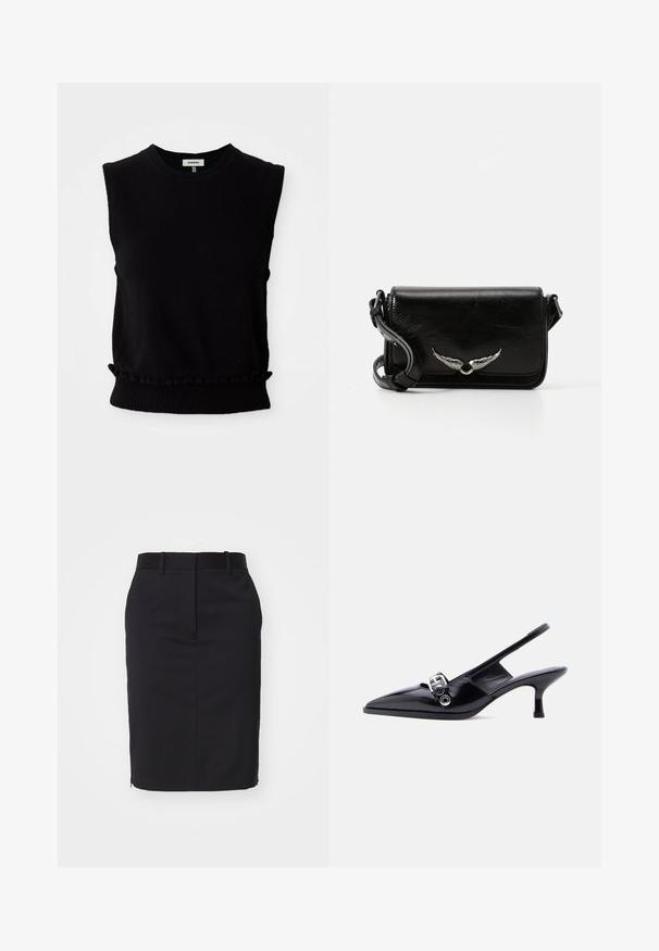 Suéter negro sin mangas hecho de material de punto suave. Presenta un cuello redondo y un dobladillo inferior fruncido con ribete acanalado. Diseño simple y moderno.; Falda lápiz negra con un diseño ajustado, hecha de una tela suave. Cuenta con una cinturilla y una abertura en la parte trasera para facilitar el movimiento.; Zapato de charol negro con talón bajo tipo slingback, punta puntiaguda y detalle de hebilla plateada sobre fondo blanco liso.; Bolso cruzado de cuero negro con diseño de solapa, que presenta acentos en forma de alas en plata y un acabado texturizado. Incluye una correa ajustable.