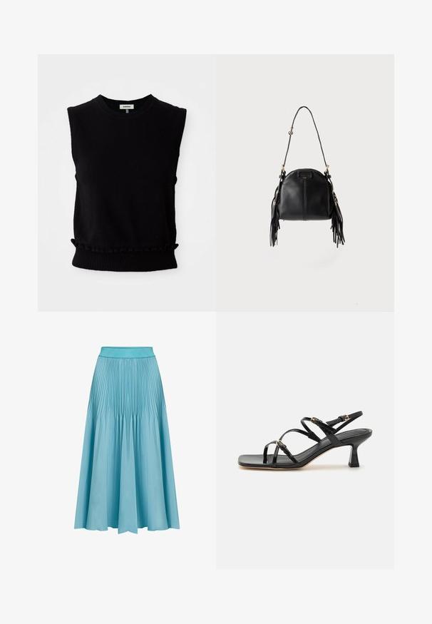 Pull noir sans manches en tricot doux. Doté d'un col rond et d'un ourlet inférieur froncé avec une bordure côtelée. Design simple et moderne.; Jupe midi plissée en bleu clair. Dotée d'une large taille, d'une forme fluide et de plis verticaux qui ajoutent de la texture et du mouvement.; Sandales à strapes en cuir verni noir avec un bout carré et un petit talon carré. Présente des accessoires en métal doré et des brides de cheville réglables.; Sac à main en cuir noir avec une forme courbée, une longue bandoulière réglable et des franges de chaque côté sur un fond clair.