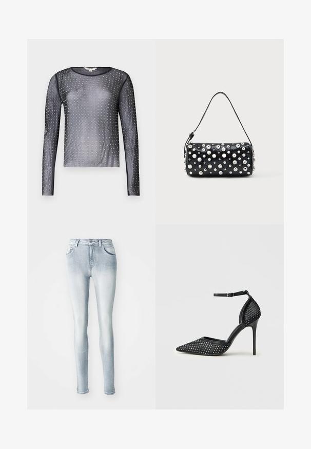 Gennemsigtig sort langærmet top med rund halsudskæring, udsmykket med sølvnitter arrangeret i et mønster over stoffet.; Lysblå skinny jeans lavet af denim, med høj talje, fem lommer og let fading langs lårene. Slidt kantdetalje.; Sorte mesh højhælede sko med spids tå, ankelrem og sølvnitter detaljering på tå- og hælområder.; Sort læderhåndtaske med rund form, dekoreret med sølvnitter. Har en aftagelig rem og lynlås. Glat tekstur.
