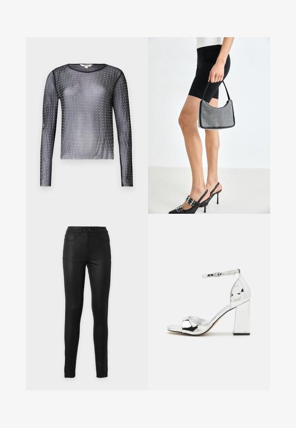 Gennemsigtig sort langærmet top med rund halsudskæring, udsmykket med sølvnitter arrangeret i et mønster over stoffet.; Sorte højtaljede skinny jeans med for- og baglommer, bæltestropper og knaplukning på ensfarvet baggrund.; Sølv højhælede sandaler med blokhæle, åben tå og ankelrem. Har en blank lakfinish og en polstret sål.; Sort perlehandtaske med en buet silhuet, bærehåndtag og blank overflade. Båret med højhælede sorte sko og tætsiddende sorte shorts.