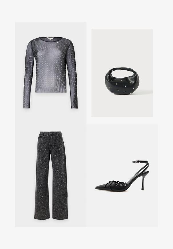 Gennemsigtig sort langærmet top med rund halsudskæring, udsmykket med sølvnitter arrangeret i et mønster over stoffet.; Noisy May Rhinestone - Jeans Relaxed Fit - black denim; Sort spids hæl med bølgede kanter, metaløjer, snørelukning foran og ankelrem med spænde.; Sort læderhåndtaske med en rundet form, dekoreret med sølvnitter, og et kort håndtag. Glat tekstur og lynlåslukning.