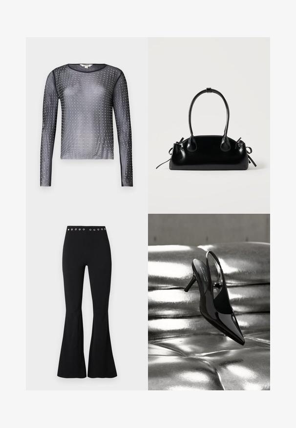 Top long à manches longues transparent noir avec un col rond, orné de clous en argent disposés en motif sur le tissu.; Pantalon noir taille haute ajusté avec des œillets métalliques sur la ceinture et des jambes évasées.; Chaussure à talon haut à bride arrière en cuir verni noir, positionnée sur un coussin en cuir métallisé argenté brillant.; Petit sac à main noir brillant avec deux longues anses et des détails à cordon sur les côtés sur un fond clair uni.